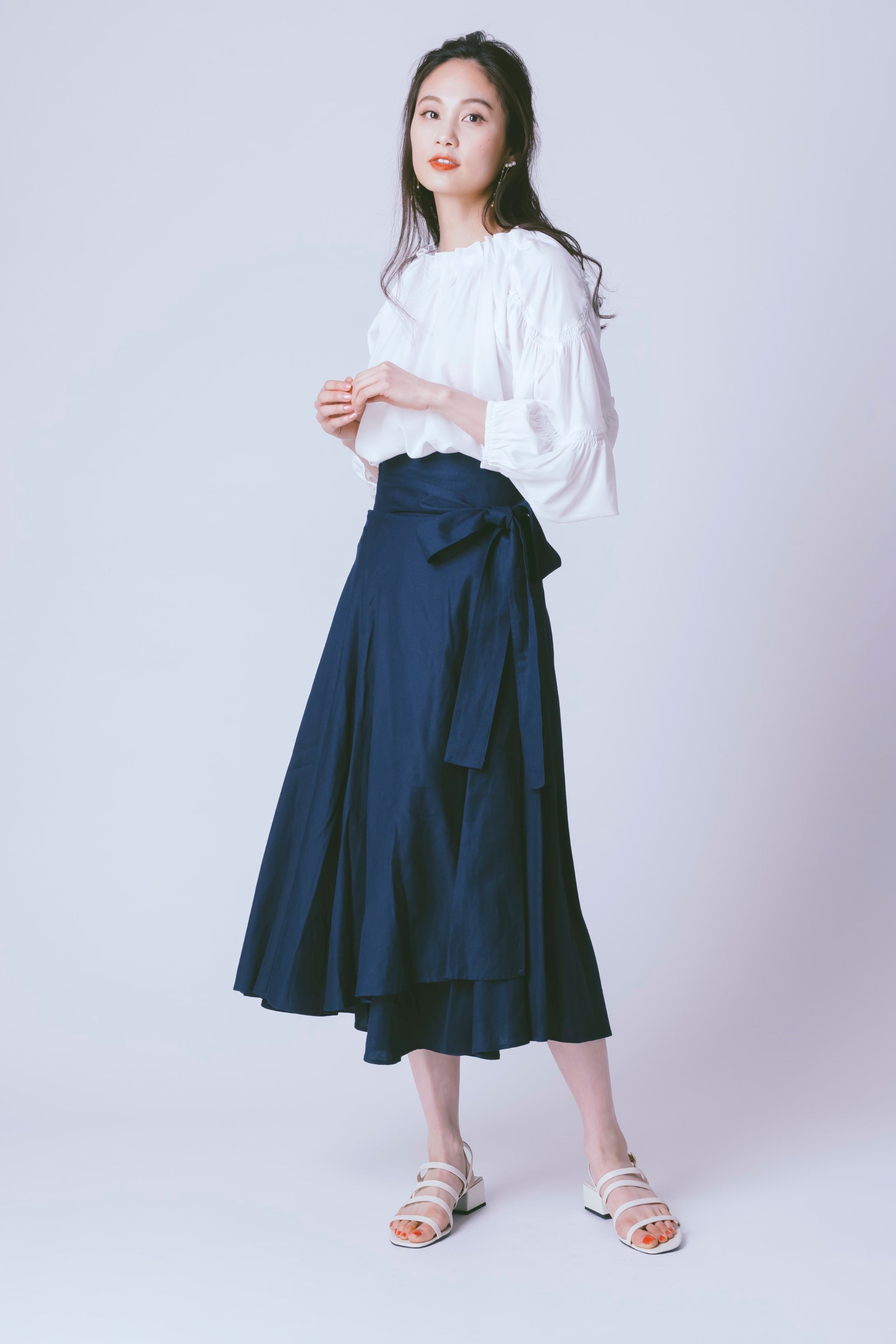 ウエストリボン 麻混ラップスカート NS-028