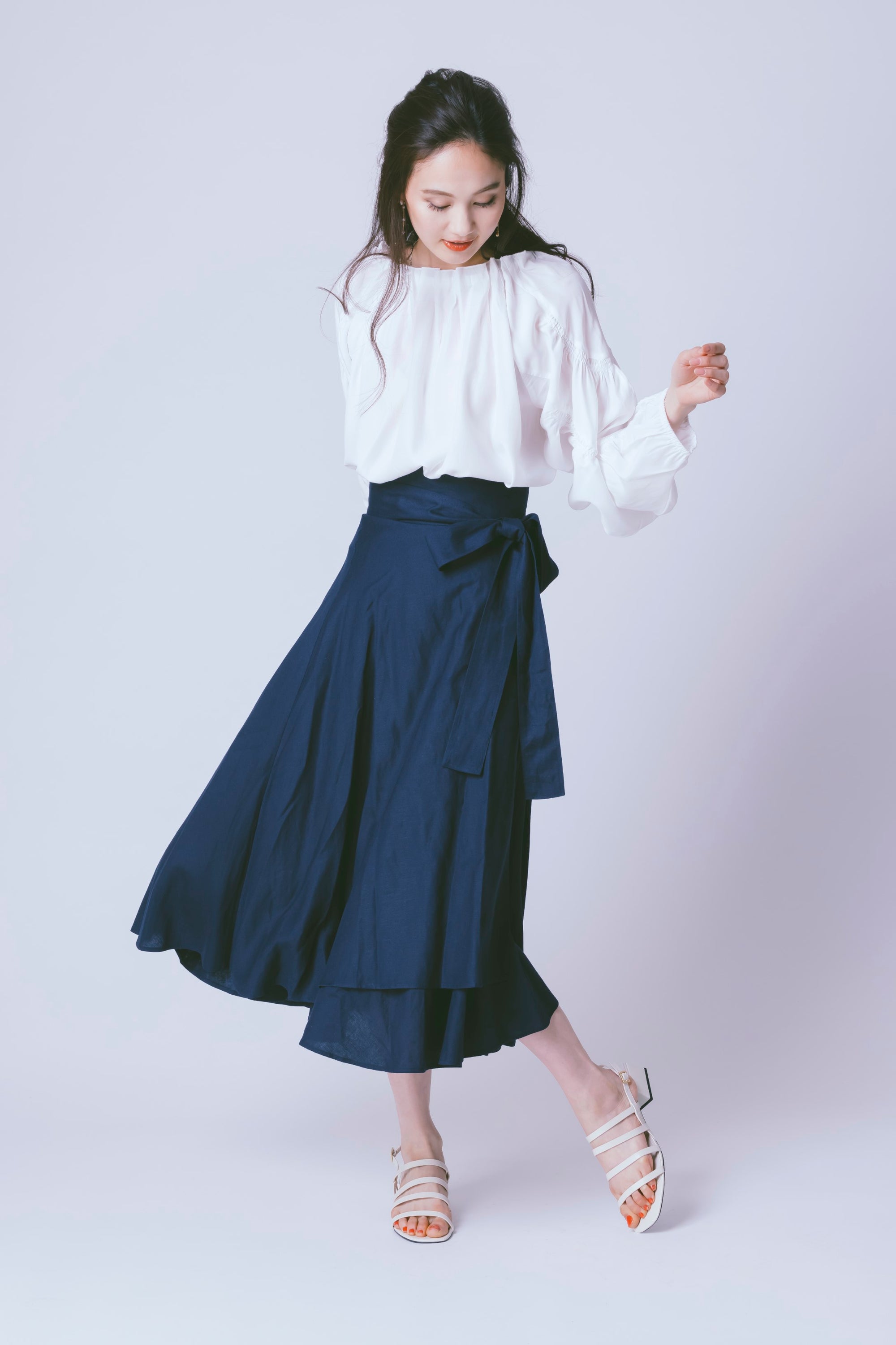 ウエストリボン 麻混ラップスカート NS-028