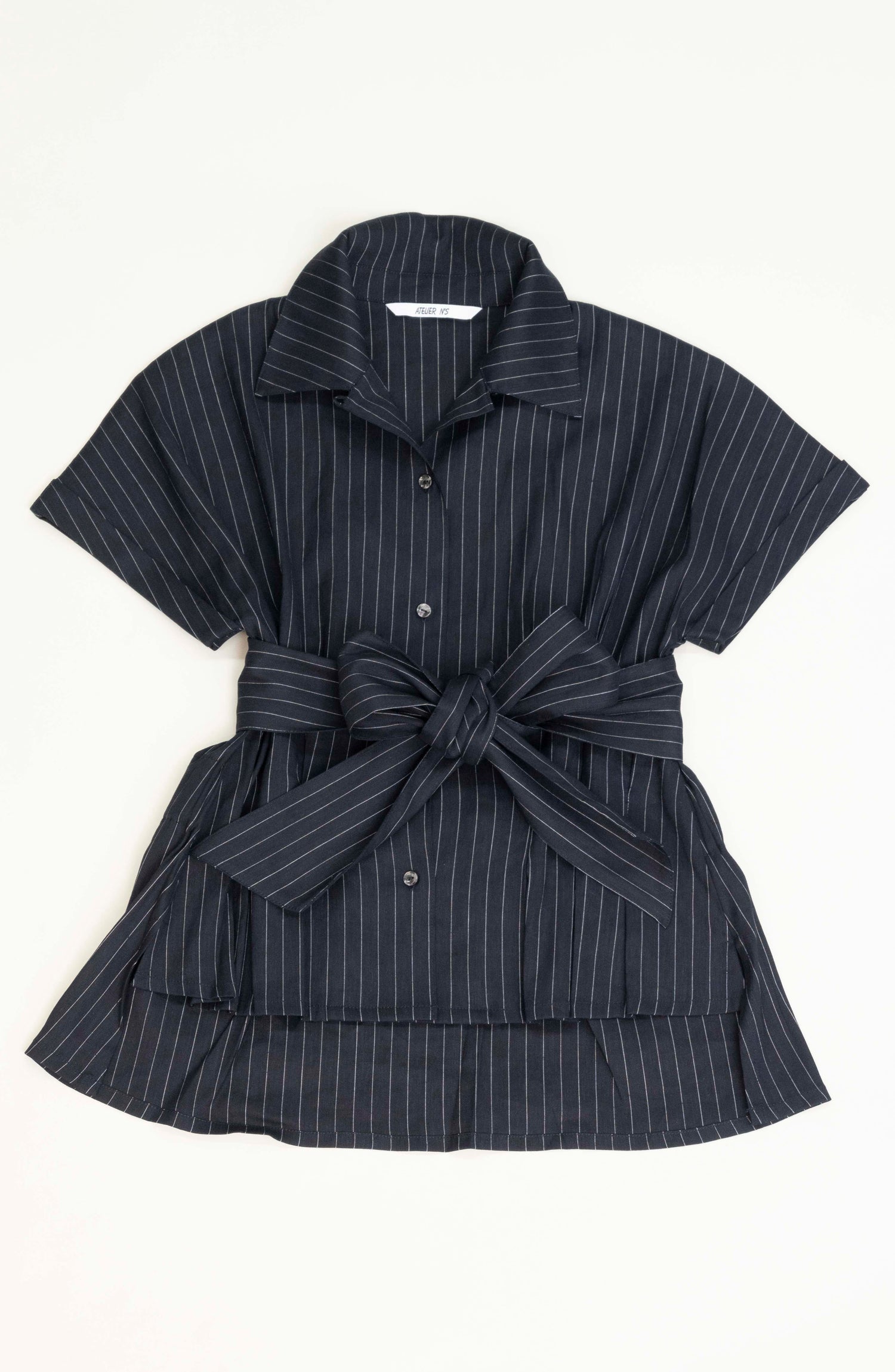 麻混ストライプ タックブラウス