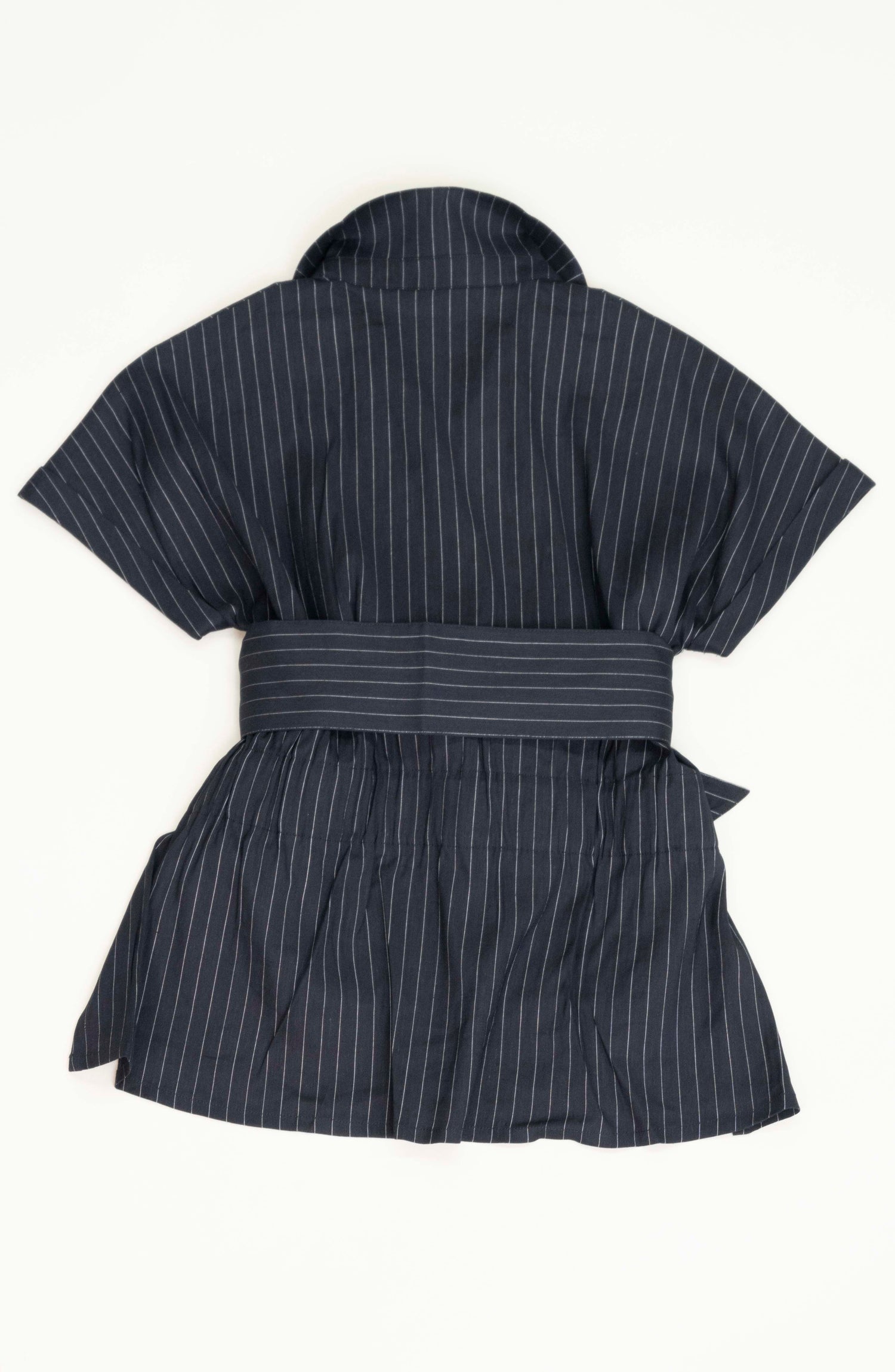 麻混ストライプ タックブラウス