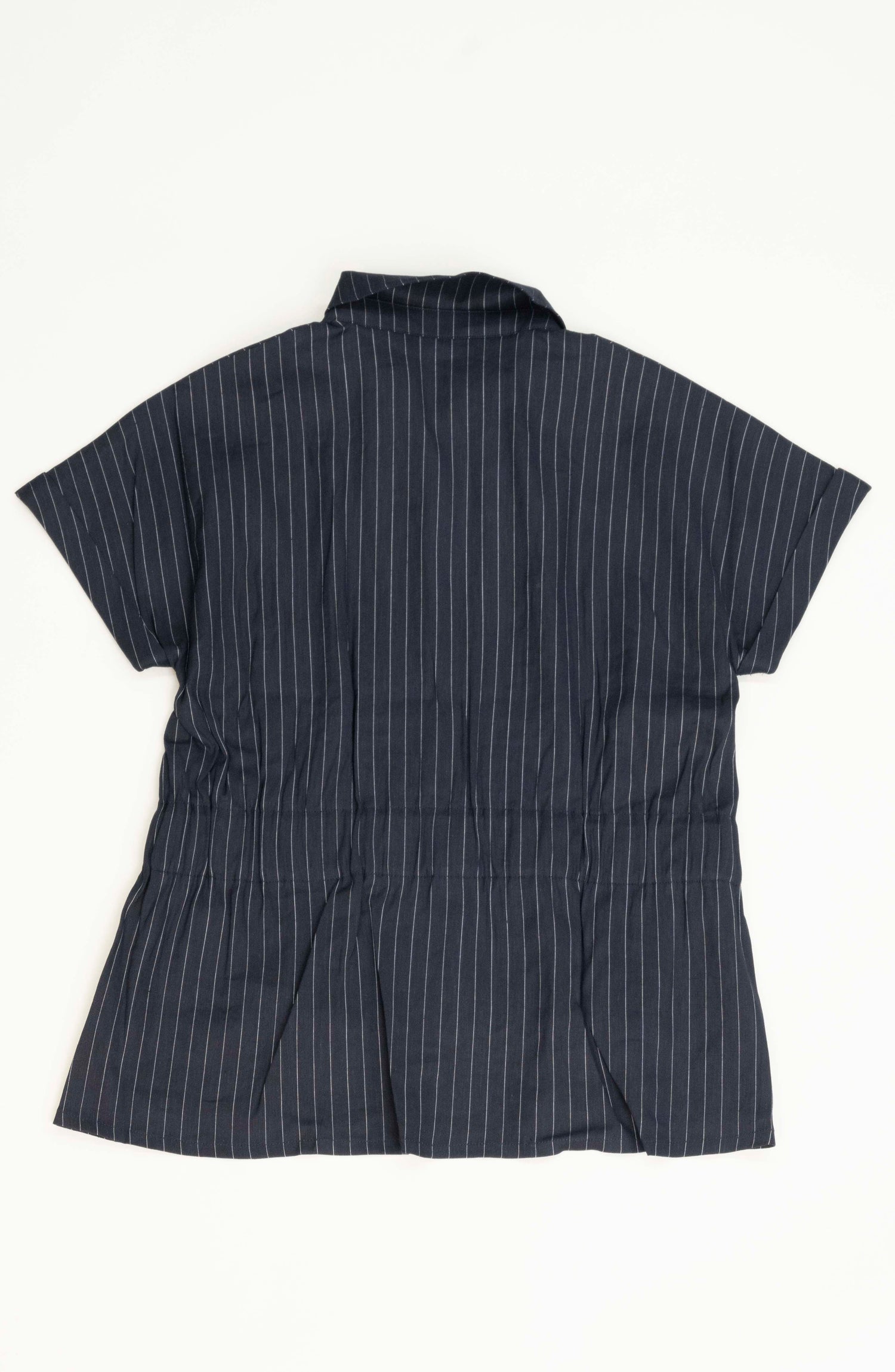 麻混ストライプ タックブラウス