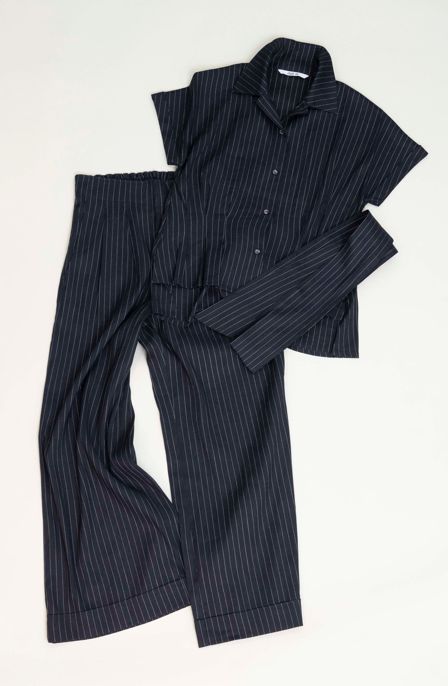 麻混ストライプ タックブラウス